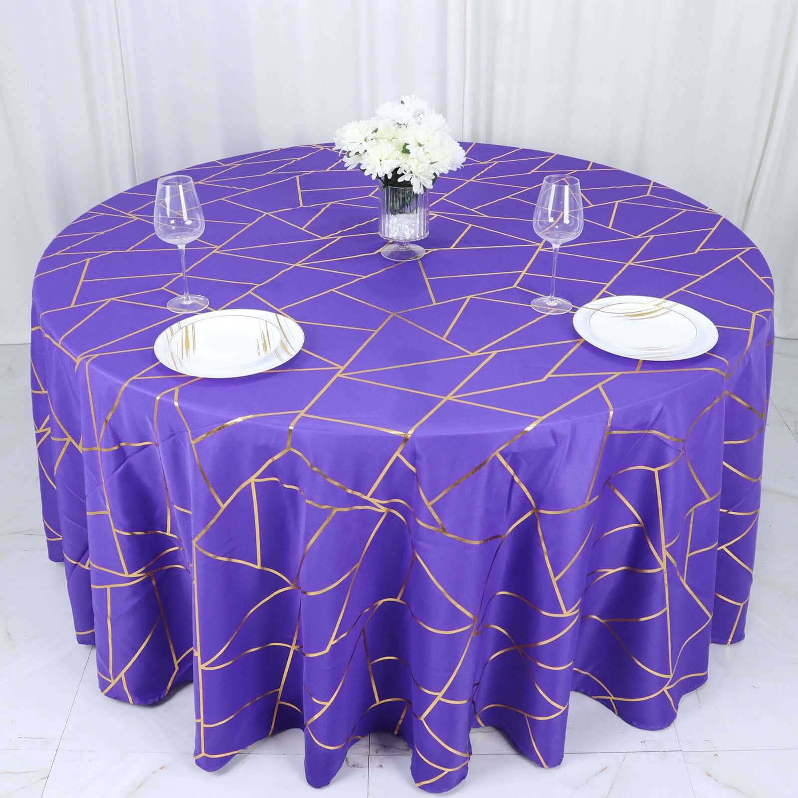 Polyester 120" Round Tablecloth Purple with Gold Foil Geometric Pattern Wrinkle-Resistant Seamless Table Cover
