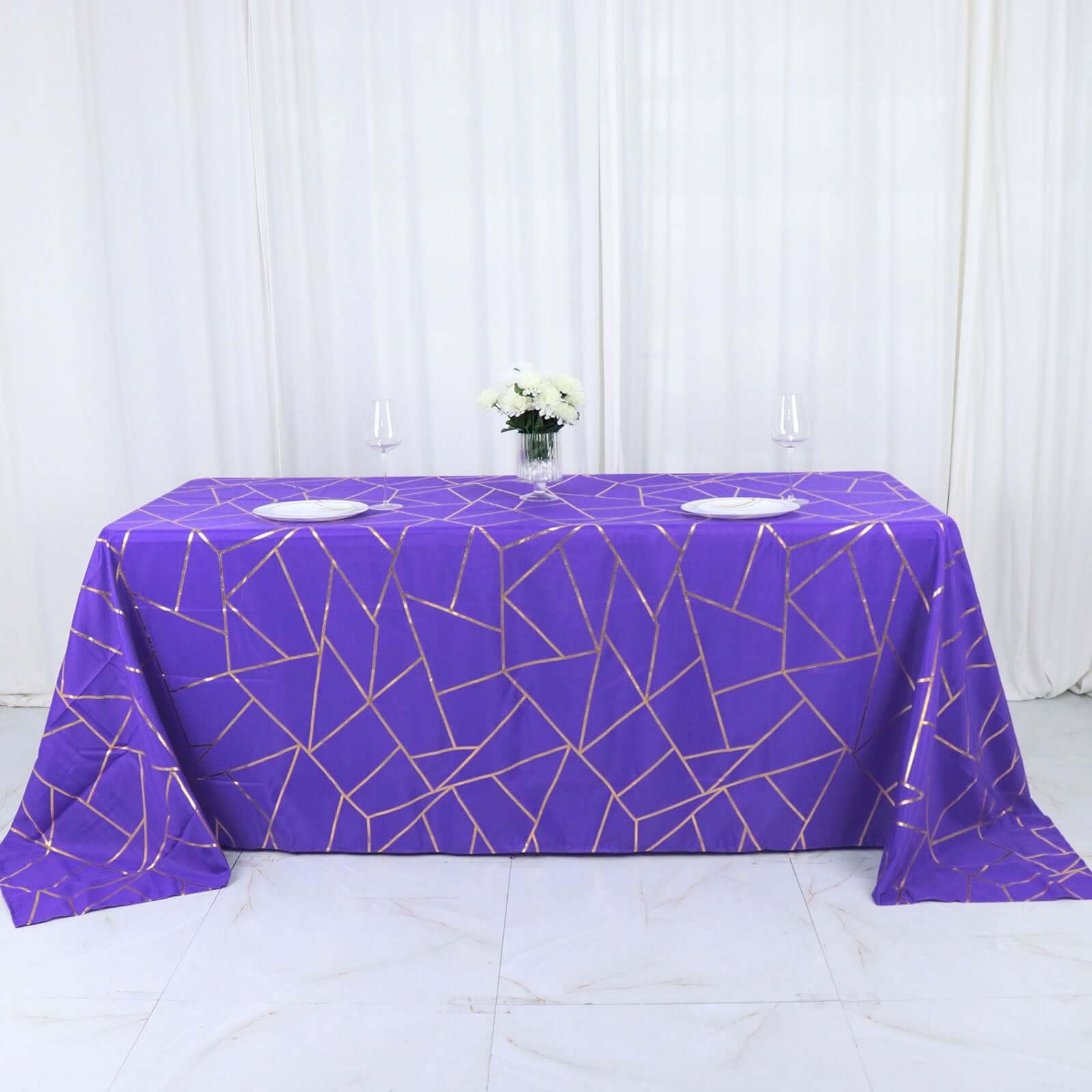 Polyester 90"x132" Rectangle Tablecloth Purple Seamless with Gold Foil Geometric Pattern - Wrinkle-Resistant Seamless Table Cover
