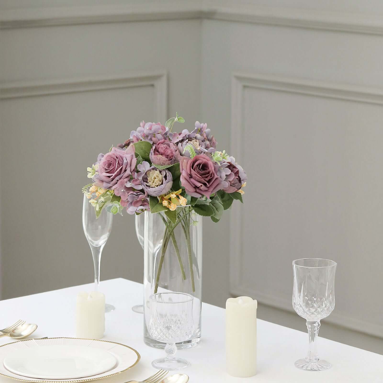 2 Pack Artificial Rose & Peony Floral Arrangements – 12" Purple Silk Bouquets for Weddings & Home Décor