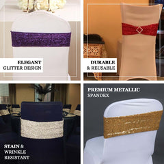 5 Pack Metallic Shimmer Tinsel Spandex Chair Sashes Purple - Durable and Reusable Stretch Chair Bands