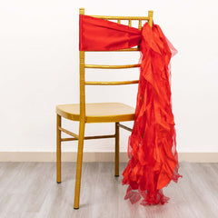 5 Pack Chiffon Satin Chair Sashes Red - Easy to Install Ruffled Curly Willow