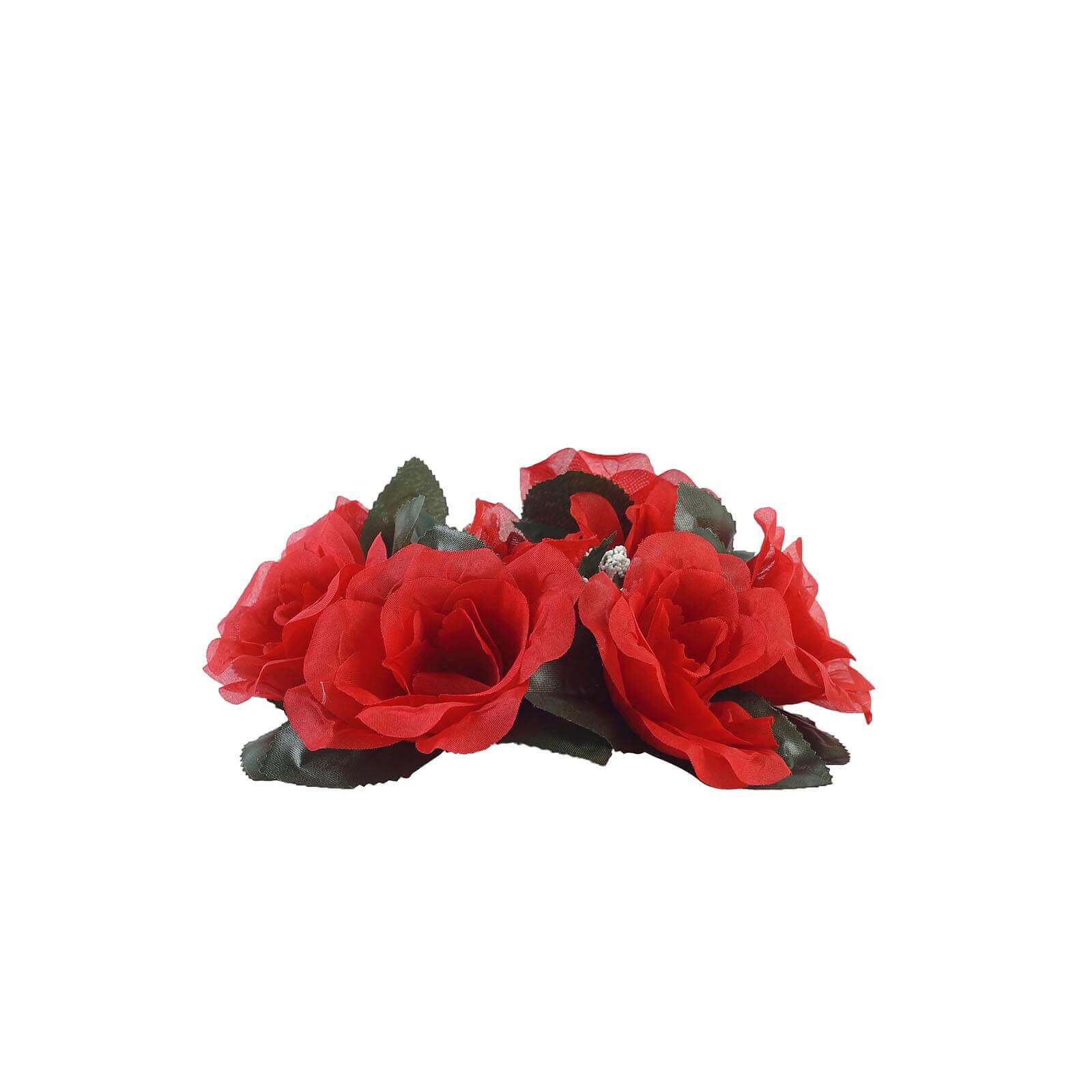 4 Pack 3" Red Artificial Silk Rose Flower Candle Ring Wreaths
