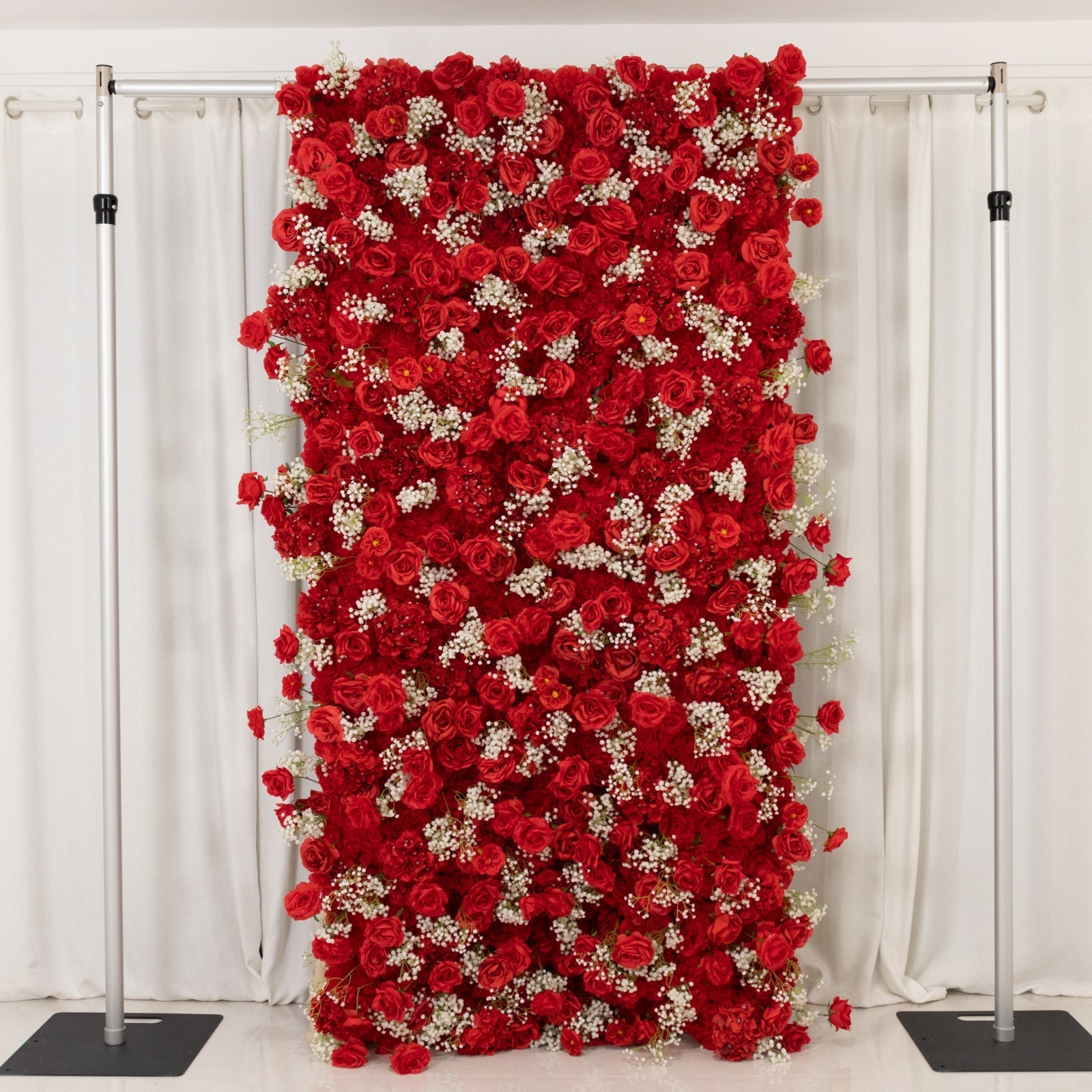 8ftx4ft Roll Up Artificial Flower Wall Panel Backdrop with Red Silk Roses & Baby's Breath