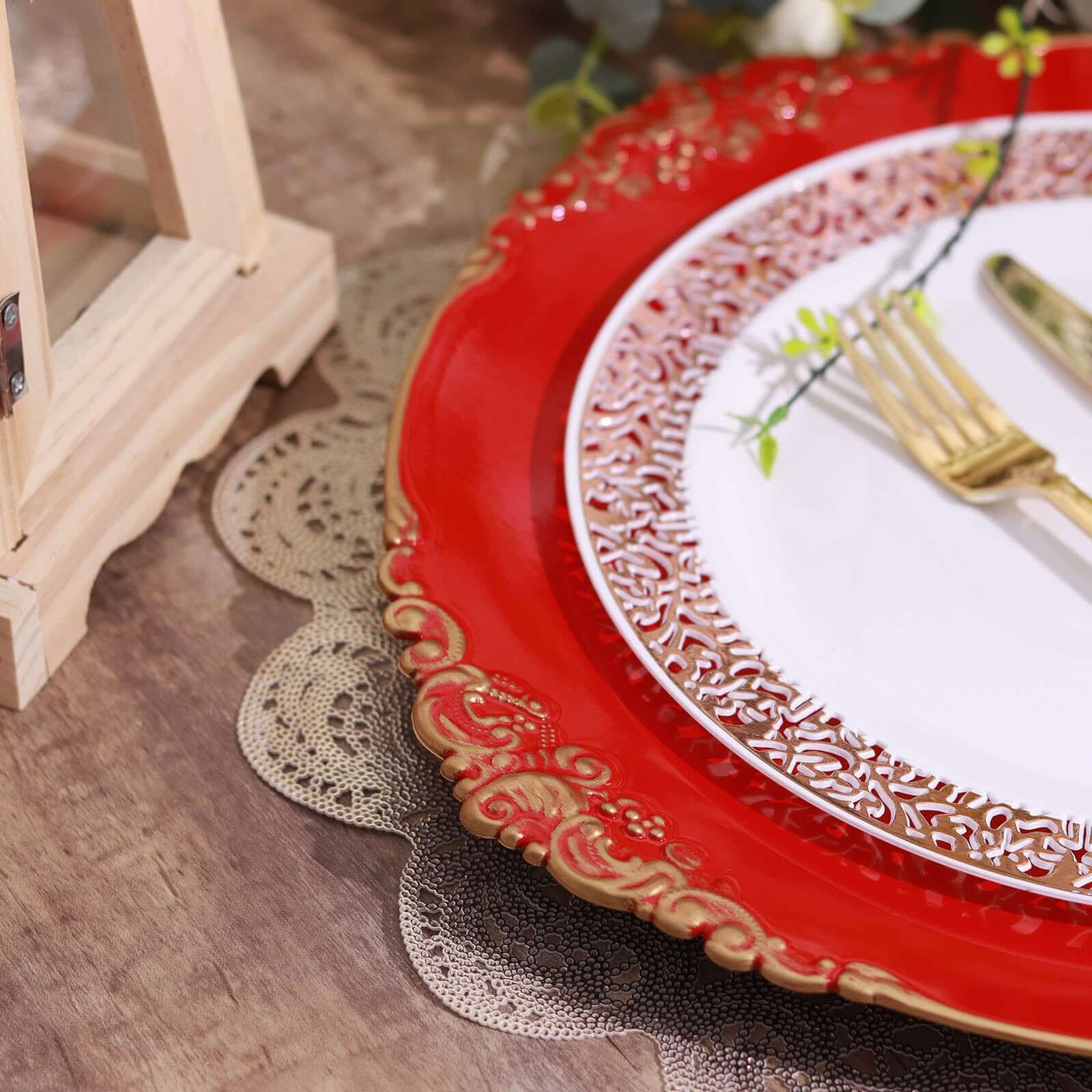 6-Pack Acrylic Round Charger Plates 13" in Red with Gold Embossed Baroque Rim, Antique Decorative Dinner Party Charger Tableware