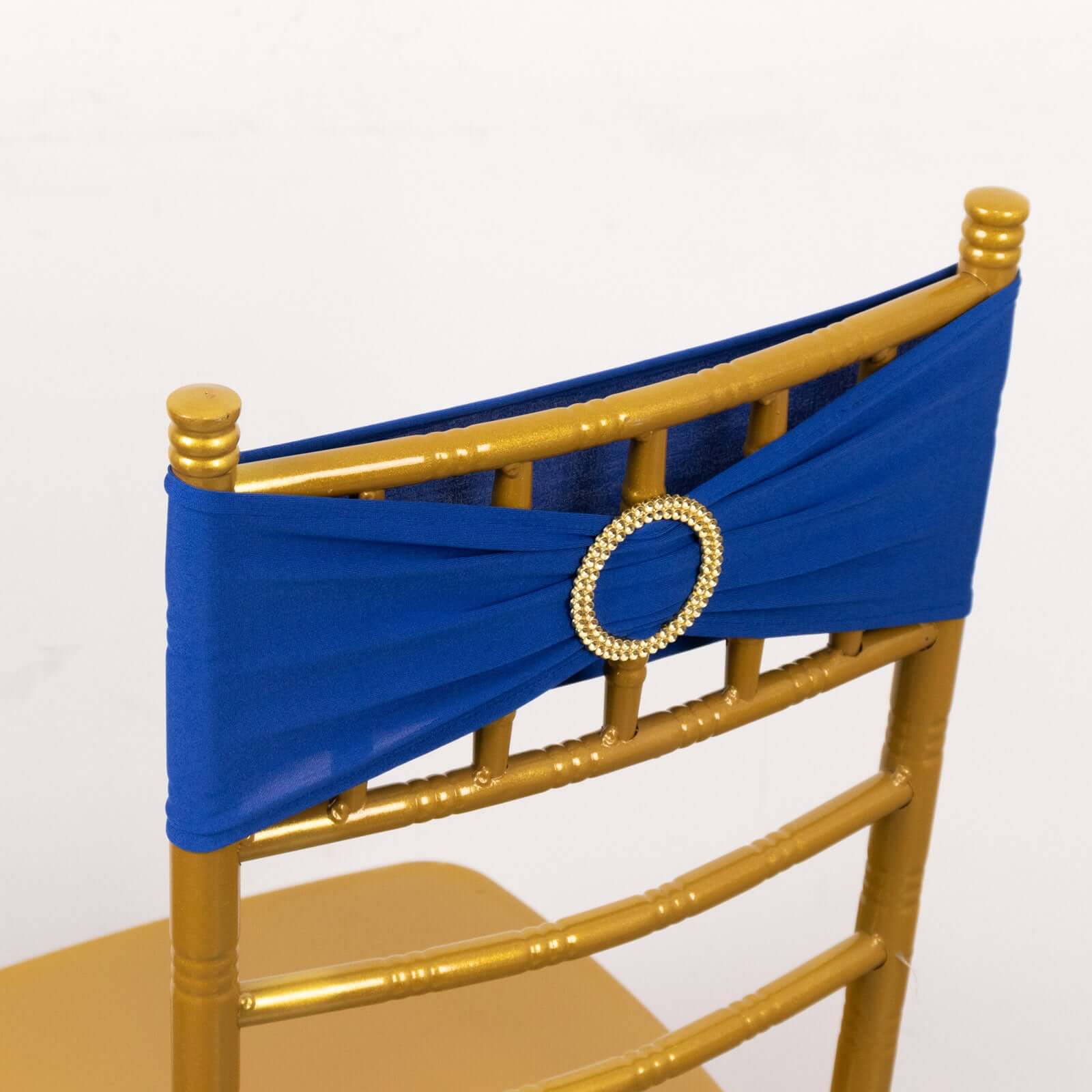 5 Pack Spandex Chair Sashes Royal Blue with Gold Rhinestone Buckles - Reusable Four-Way Stretch Sash Bands 5"x14"