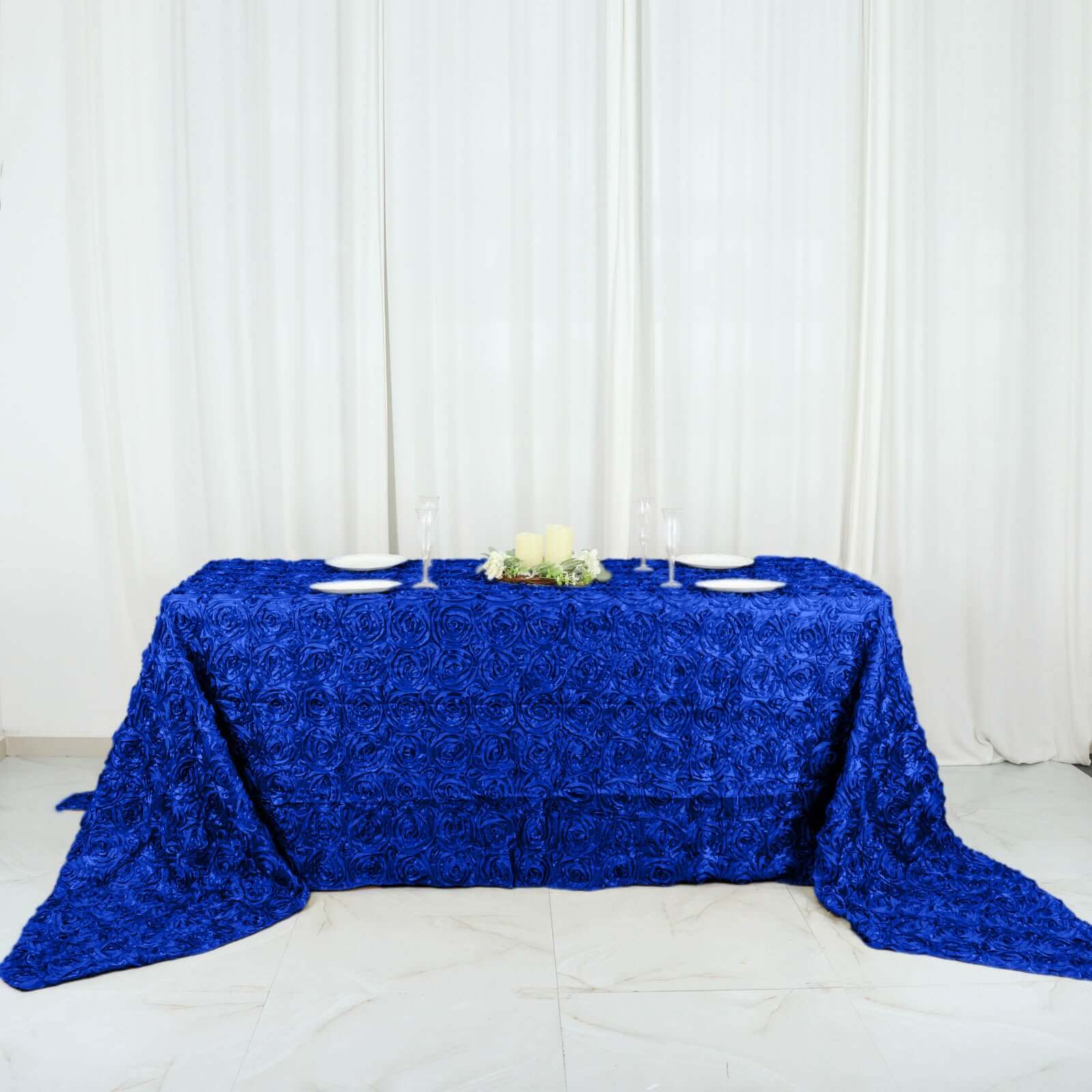Satin 90"x156" Rectangle Tablecloth Royal Blue - Grandiose 3D Rosette Table Cover with Seamless Finish