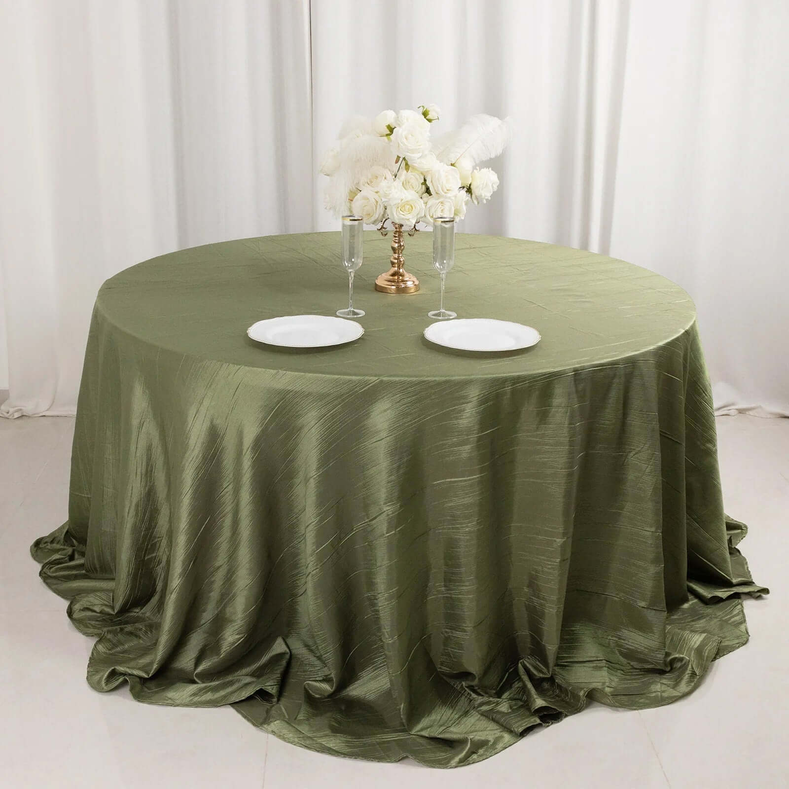 Taffeta 132" Round Tablecloth Dusty Sage Green - Seamless Accordion Crinkle Table Cover