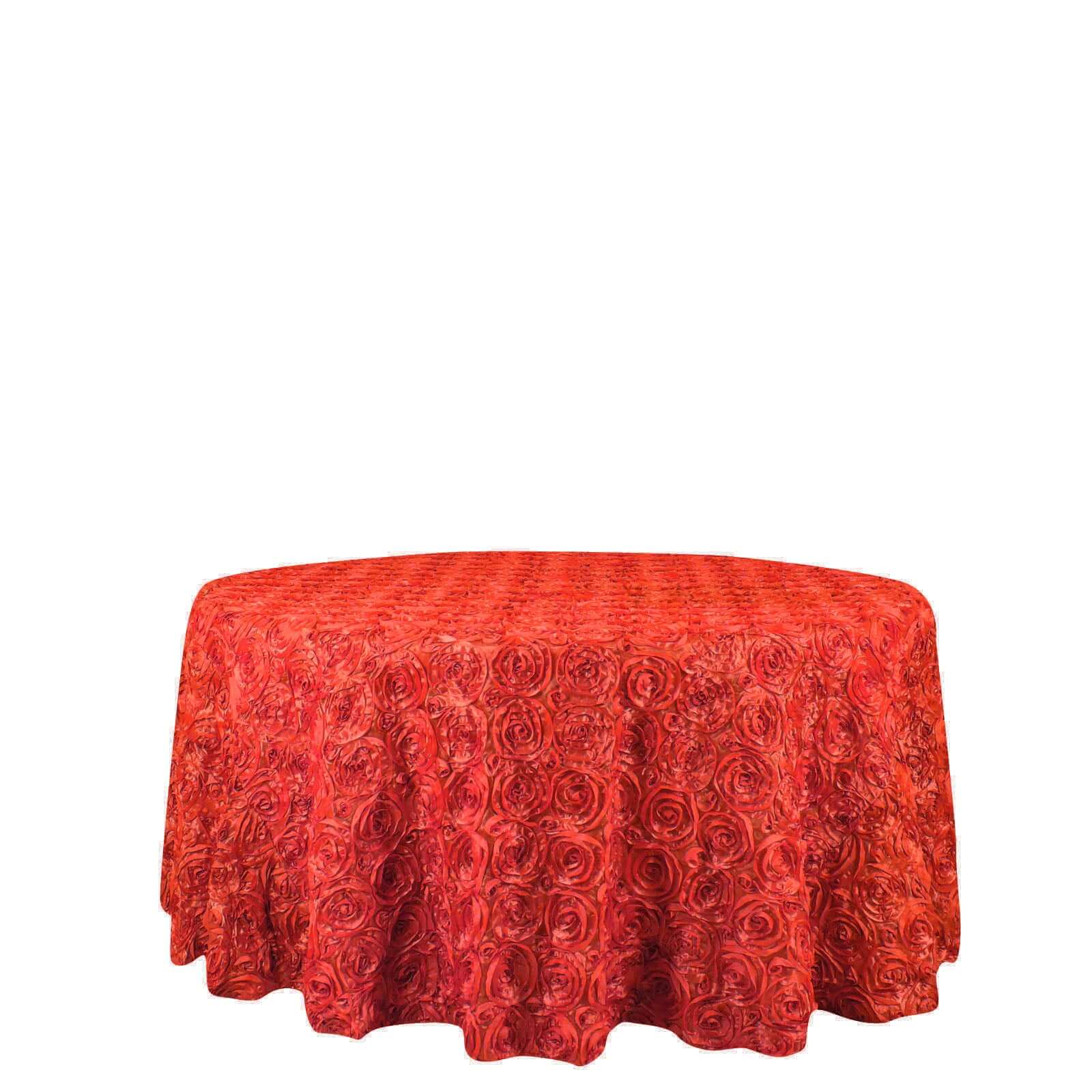 Satin 120" Round Tablecloth Red - Grandiose 3D Rosette with Seamless Finish Table Cover