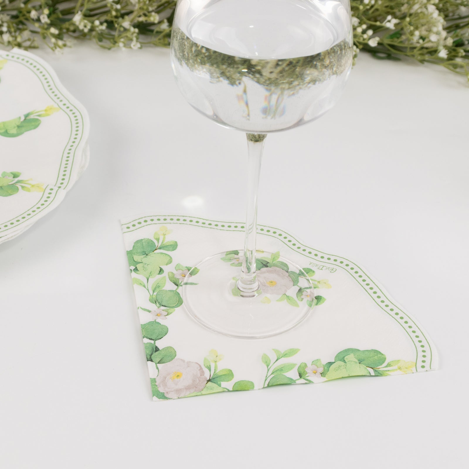 25-Pack Round Paper Cocktail Napkins with Floral Greenery and Scalloped Edge White - Disposable 2 Ply Beverage Napkins 6.25"x6.25"