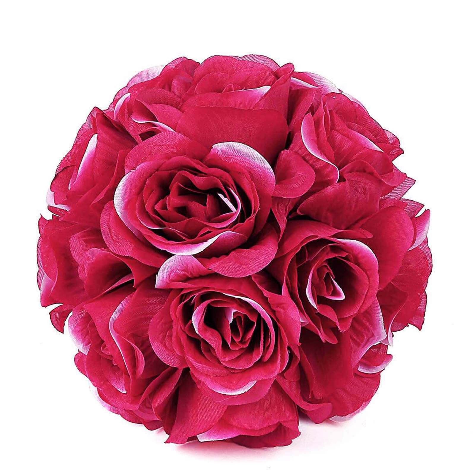 2 Pack 7" Fuchsia Artificial Silk Rose Kissing Ball, Flower Ball