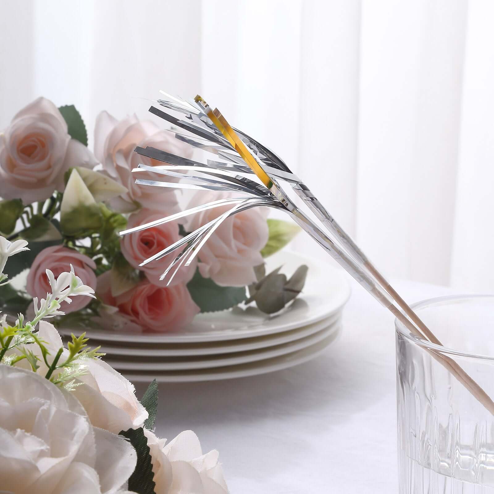 100-Pack Bamboo Cocktail Sticks Firework Cupcake Toppers Silver - Festive Foil Frills Food Picks 9"