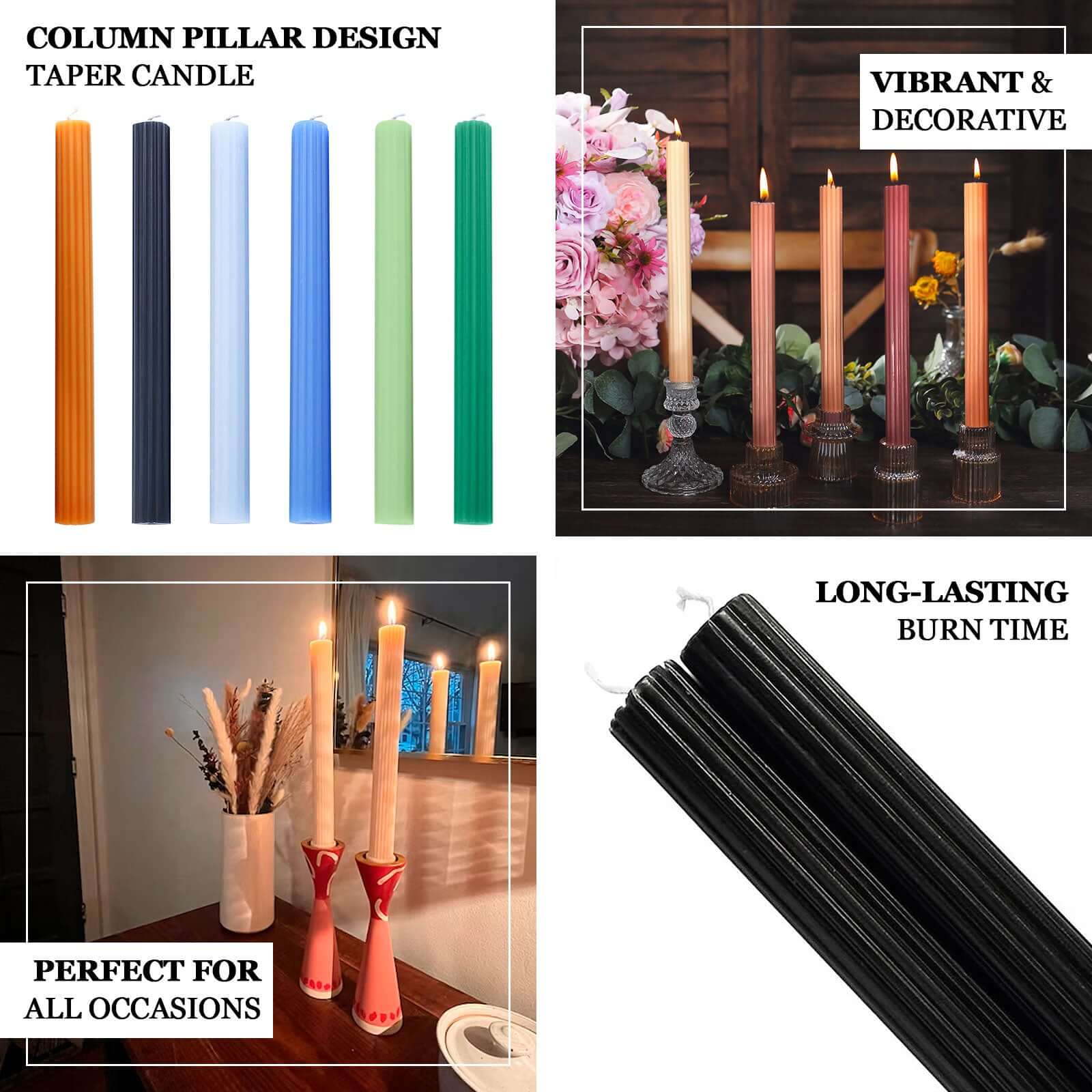 5-Pack Taper Candles Ribbed Wick Ribbon Wax Design Gold - Premium Unscented Dinner Candles 9"