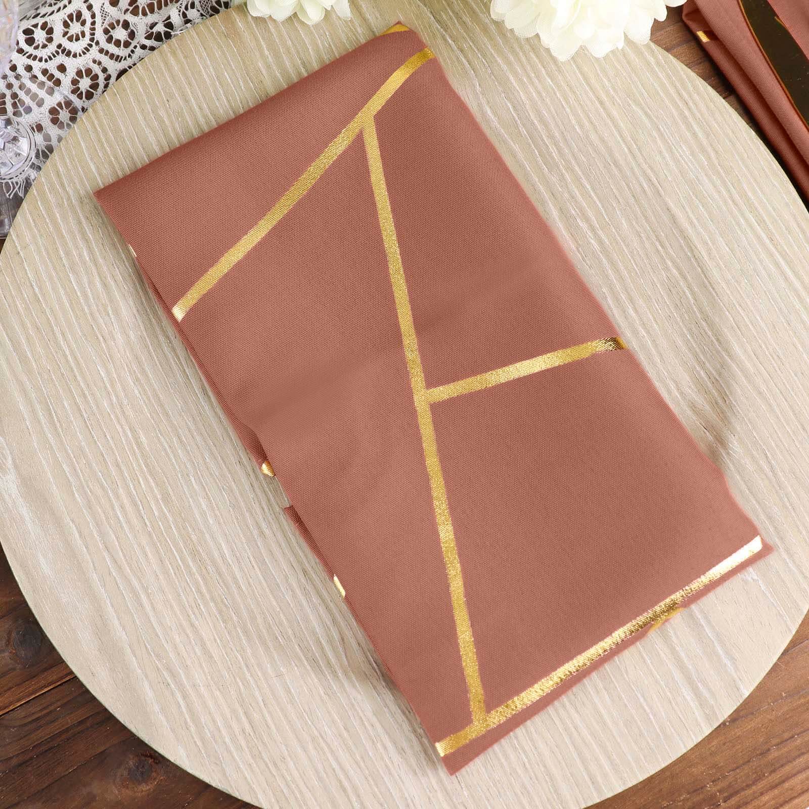 5 Pack Polyester 20"x20" Napkins Terracotta (Rust) with Gold Geometric Foil Pattern - Modern Reusable Dinner Napkins