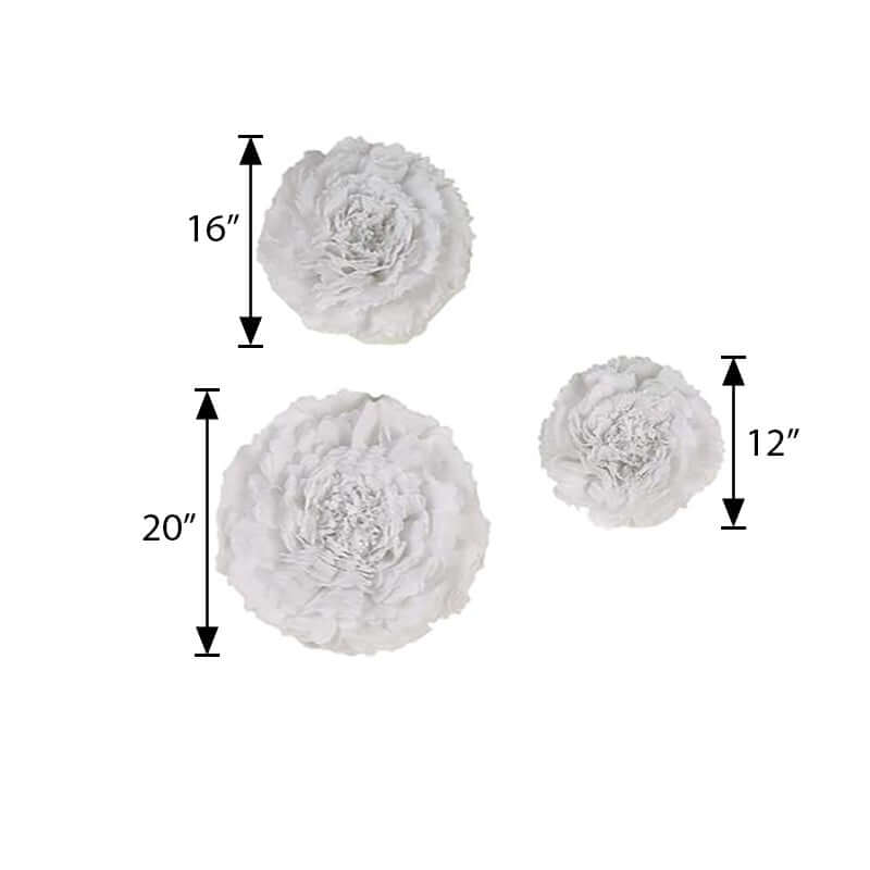Set of 6 White Giant Carnation 3D Paper Flowers Wall Decor - 12",16",20"