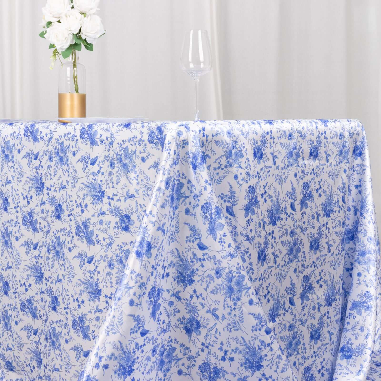 Satin Rectangular 90"x132" Tablecloth White/Blue French Toile Design - Seamless Stylish & Wrinkle-Resistant Table Cover