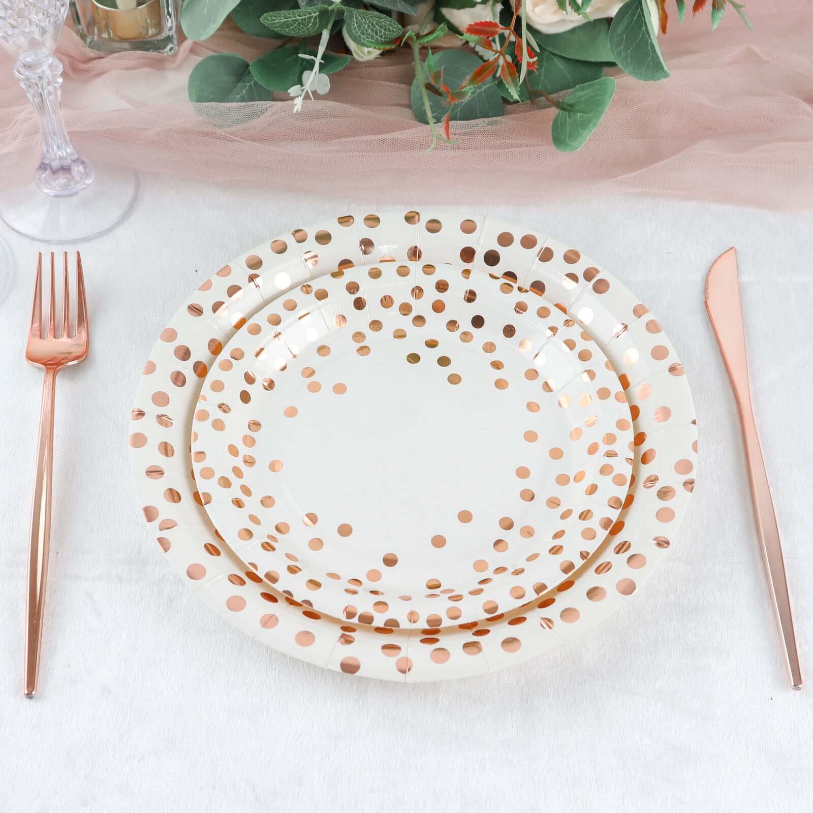 25-Pack Paper Round Dinner Plates 9" White with Metallic Rose Gold Polka Dots - Disposable 300GSM Party Plates for Banquets & Celebrations