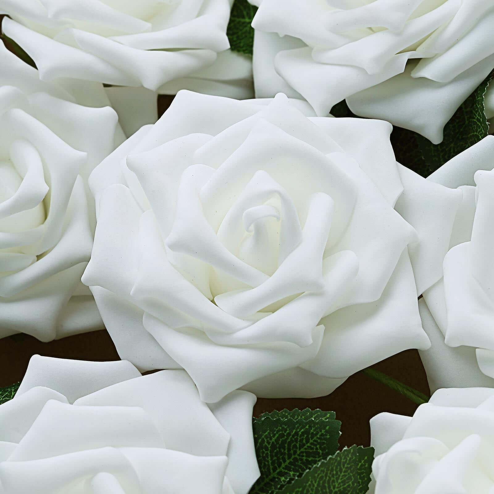 24 Roses 5" White Artificial Foam Flowers With Stem Wire and Leaves