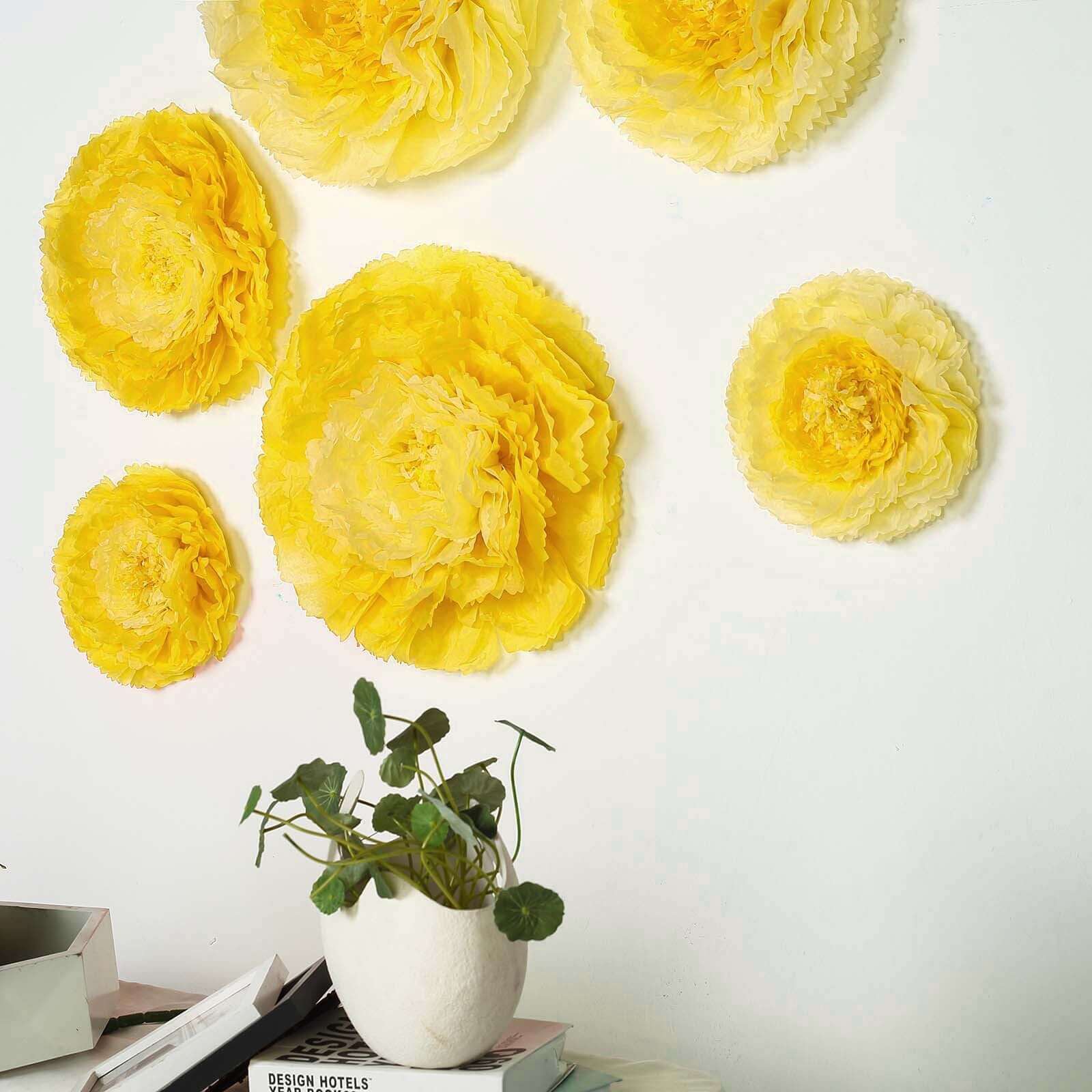 Set of 6 Yellow Giant Carnation 3D Paper Flowers Wall Decor - 12",16",20"