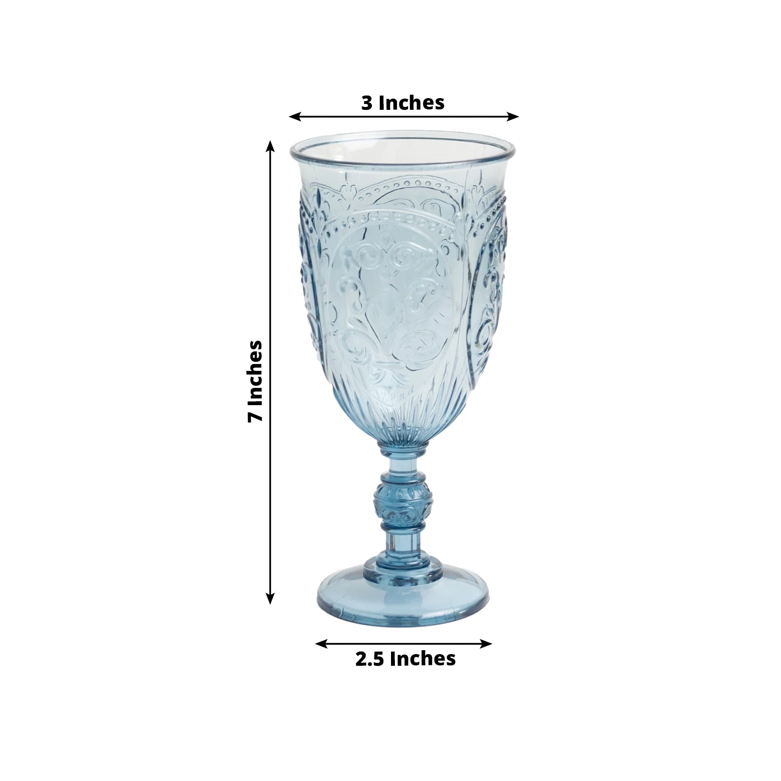 24-Pack Plastic Wine Glasses 10oz – Transparent Dusty Blue Vintage Goblets with Retro Embossed Design, Elegant Drinkware - 7" Tall