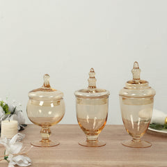 Set of 3 Glass Jars Apothecary Design Amber Gold and Snap-On Lids - Stylish Decorative Candy Buffet Storage 8.5", 9", 10"