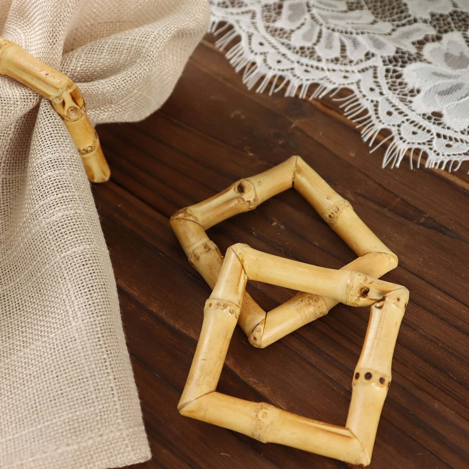 4 Pack Natural Bamboo Wooden Square Napkin Rings, Rustic Boho Chic Napkin Holders
