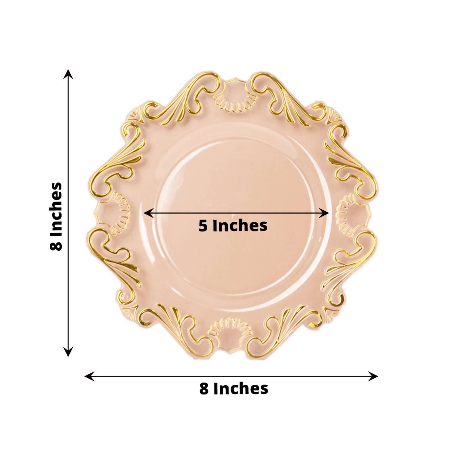 10-Pack Plastic 8" Round Dessert Plates in Clear with Gold Vintage Baroque Scalloped Rim - European Style Disposable Salad Appetizer Plates