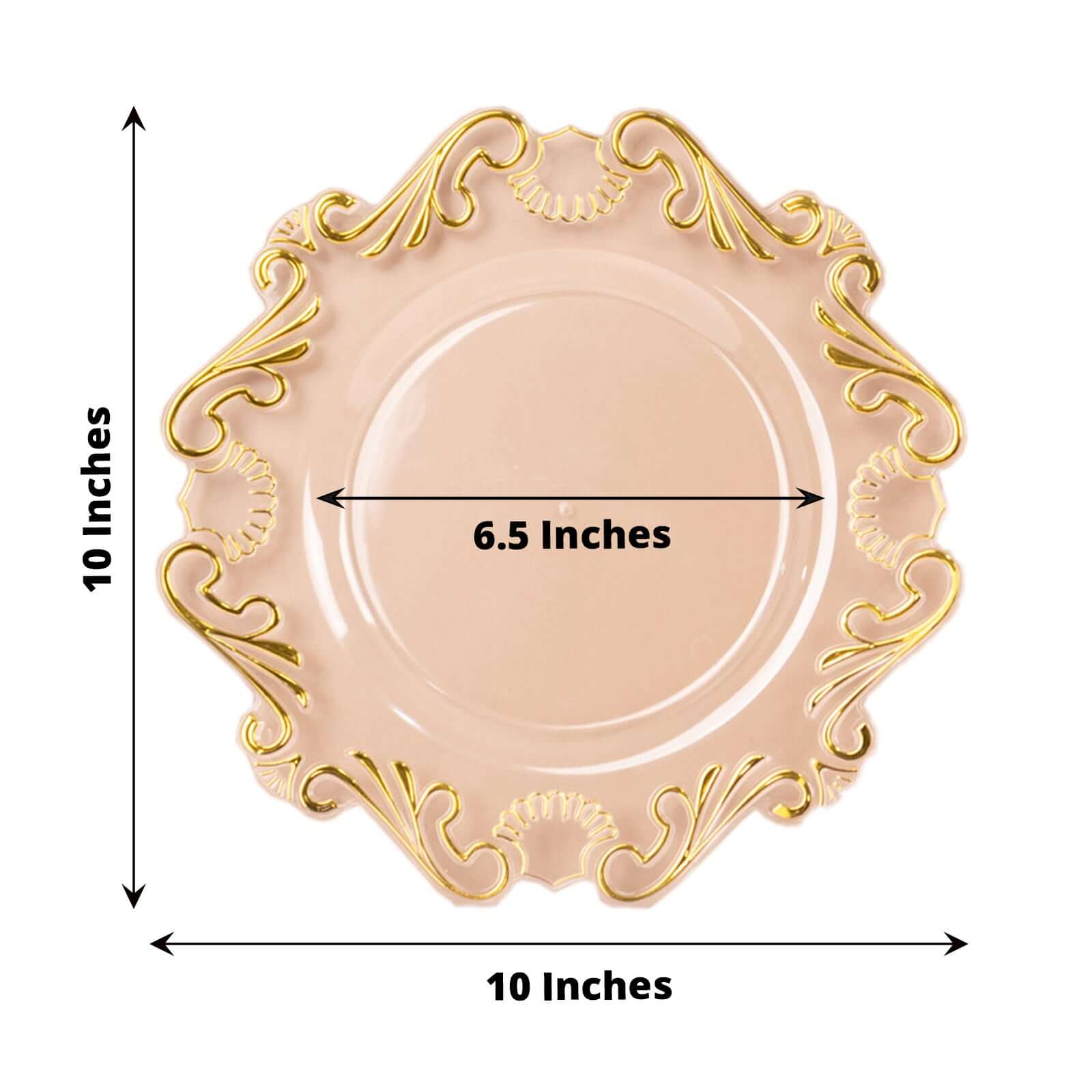 10-Pack Plastic 10" Round Dinner Plates in Clear with Gold Vintage Baroque Scalloped Rim - European Style Disposable Party Plates