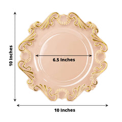 10-Pack Plastic 10" Round Dinner Plates in Clear with Gold Vintage Baroque Scalloped Rim - European Style Disposable Party Plates