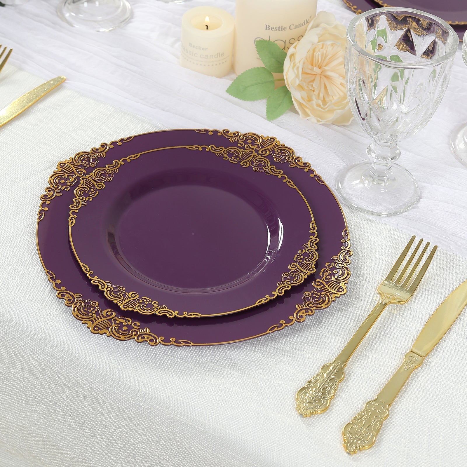 10-Pack Plastic 8" Round Dessert Plates in Purple with Gold Leaf Embossed Rim - Disposable Vintage Baroque Style Salad Plates