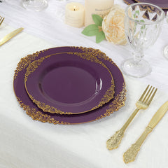 10-Pack Plastic 8" Round Dessert Plates in Purple with Gold Leaf Embossed Rim - Disposable Vintage Baroque Style Salad Plates