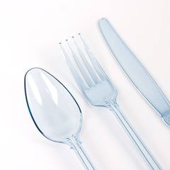 72 Pcs Plastic Silverware Set in Baroque Style Transparent Dusty Blue - Heavy Duty Disposable Knife, Fork, and Spoon Set