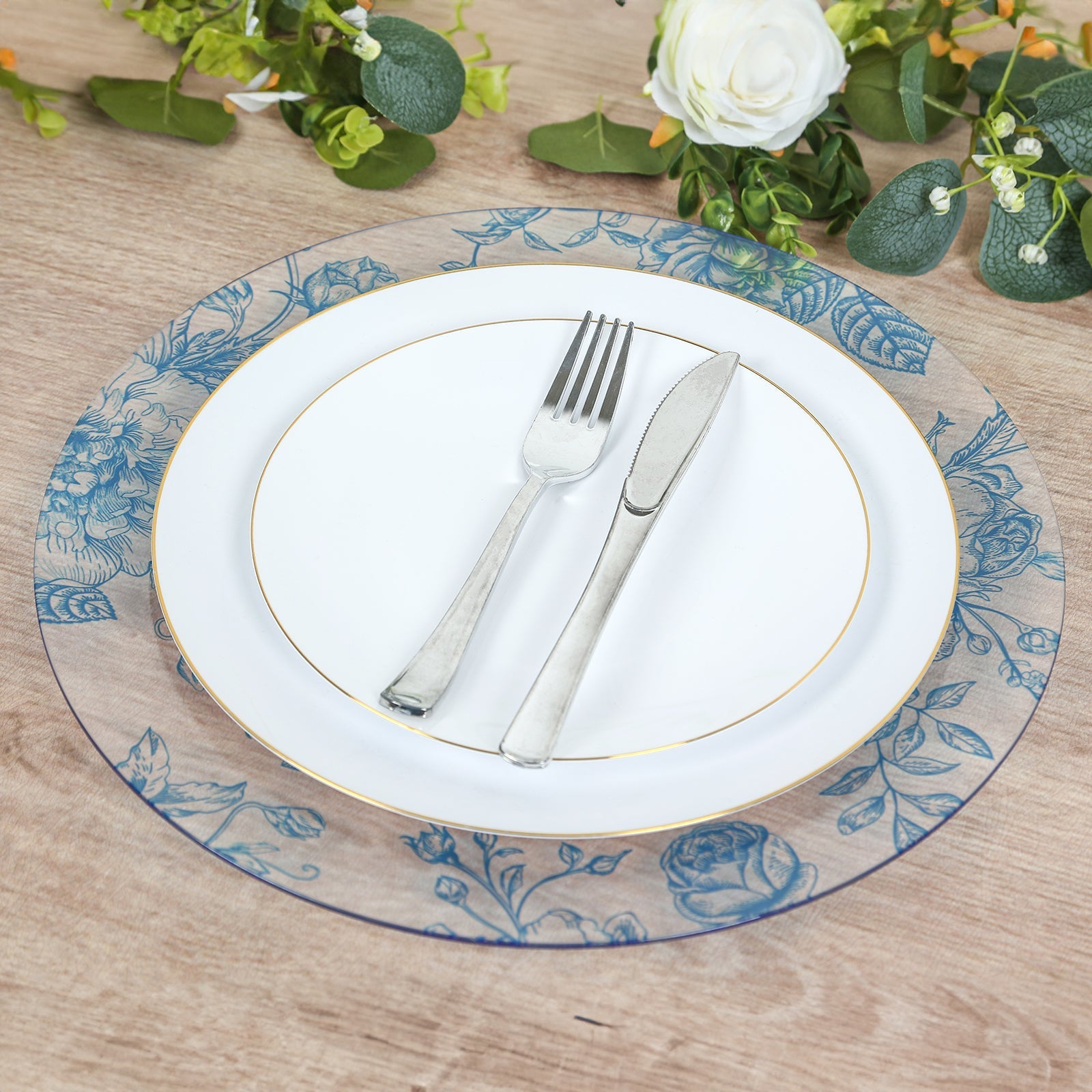6 Pack Round Floral Acrylic Charger Plates in French Toile Pattern, 13" Clear Light Blue Dinner Charger Event Tabletop Decor