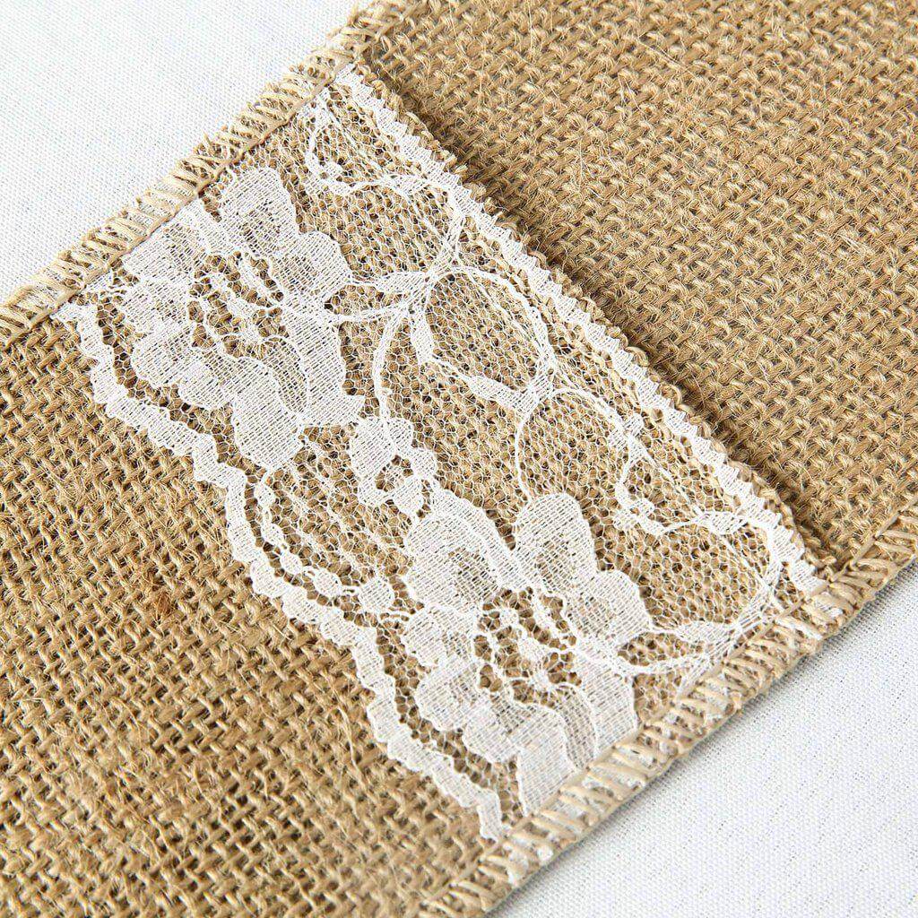 10 Pack 4"x8" Natural Burlap Lace Single Set Silverware Holder Pouch