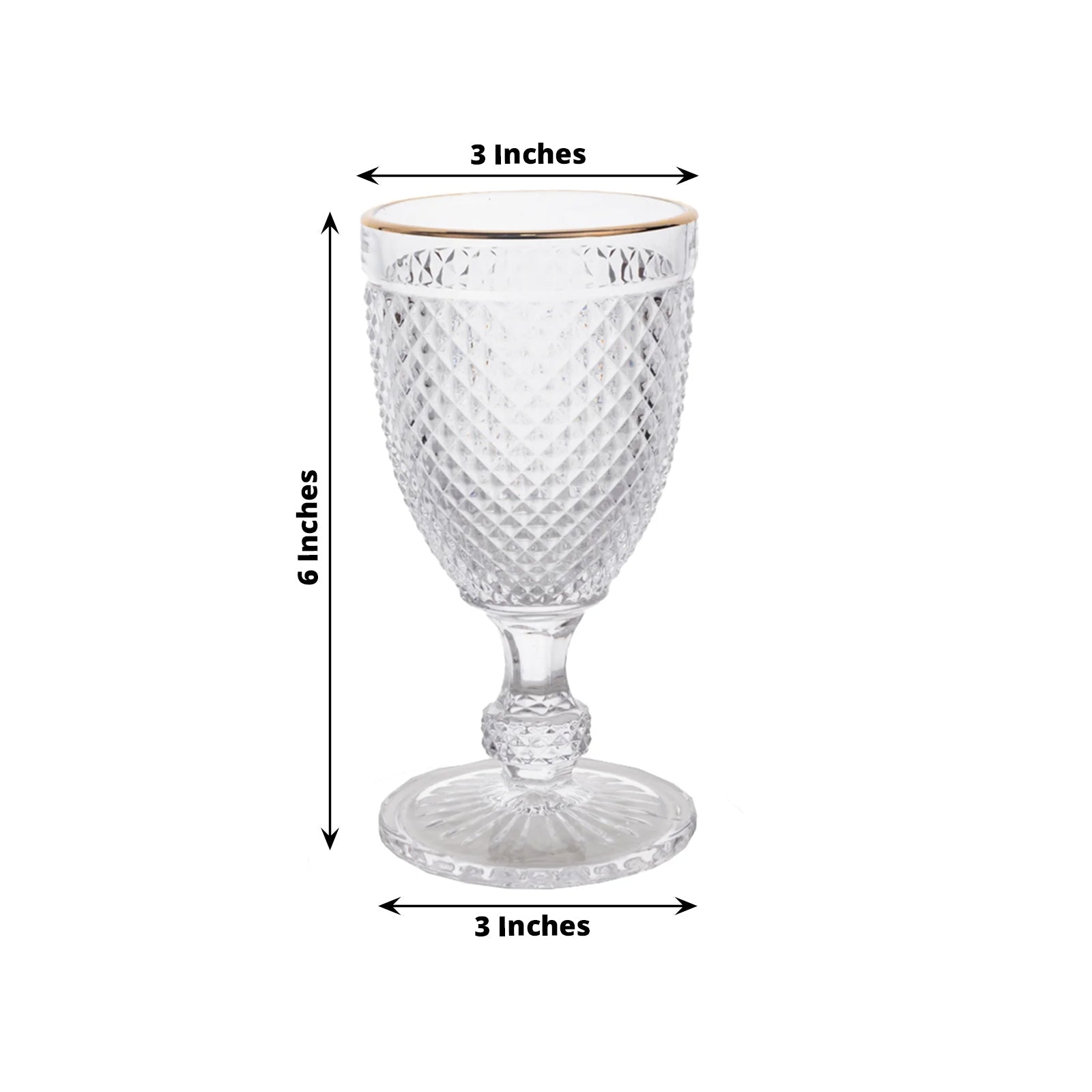 6-Pack Vintage Wine Glasses with Gold Rim and Embossed Diamond Pattern Clear - Crystal 8oz Short Stem Goblets for Cocktails 6"