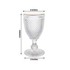 6-Pack Vintage Wine Glasses with Gold Rim and Embossed Diamond Pattern Clear - Crystal 8oz Short Stem Goblets for Cocktails 6"