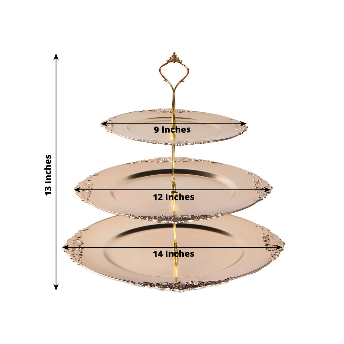 3-Tier Plastic Round Cupcake Stand Metallic Gold - Vintage-Inspired Reusable Dessert Display Holder Tea Party Serving Tray Platter with Baroque Rim & Top Handle 13"