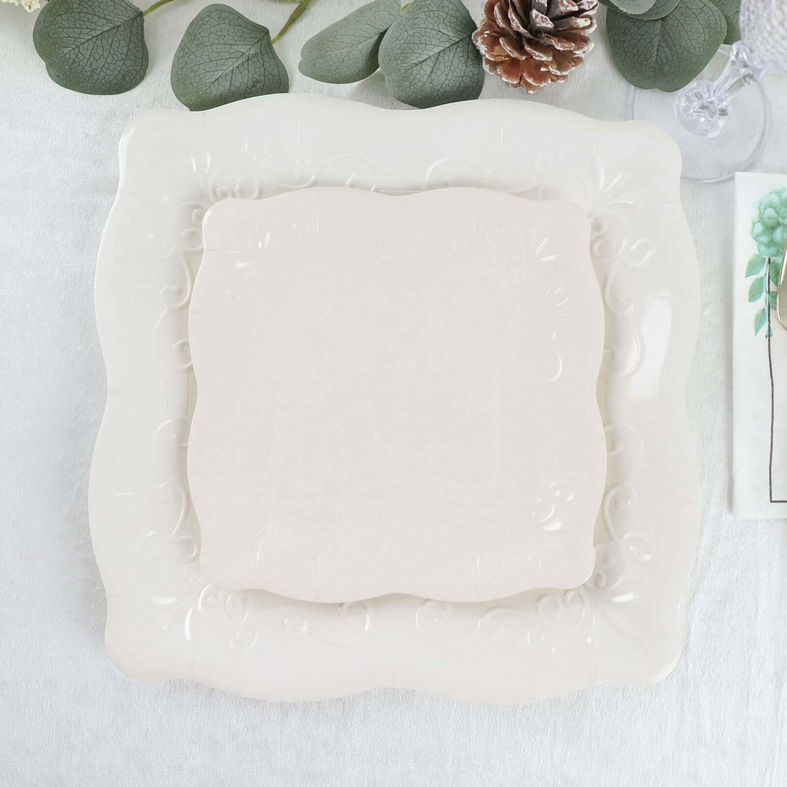25-Pack Paper 11" Square Dinner Plates in White with Vintage Pottery Embossed Design - Shiny Disposable Serving Plates