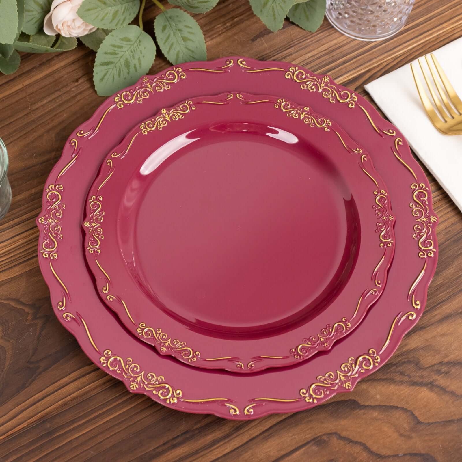 10-Pack Plastic 7" Round Dessert Plates in Burgundy with Gold Vintage Embossed Rim - Sturdy Disposable Scalloped Edge Salad Plates