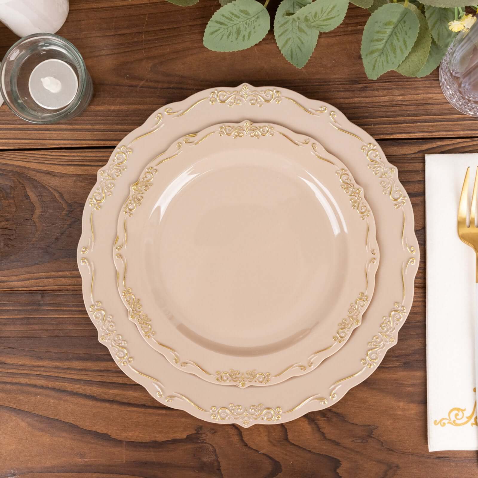 10-Pack Plastic 7" Round Dessert Plates in Taupe with Gold Vintage Embossed Rim - Sturdy Disposable Scalloped Edge Salad Plates