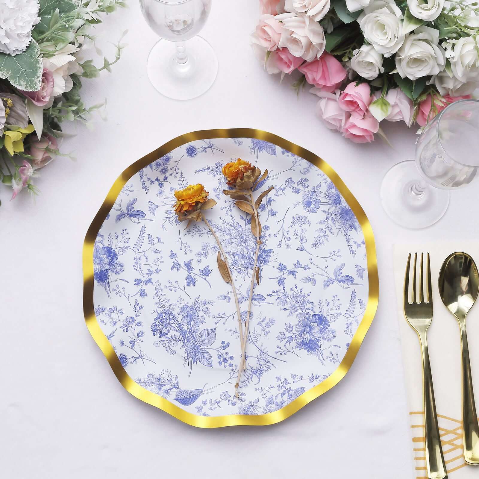 25-Pack Paper Round Dinner Plates 10" in White with Blue French Toile Pattern & Gold Wavy Rim - Disposable 350GSM Party Plates