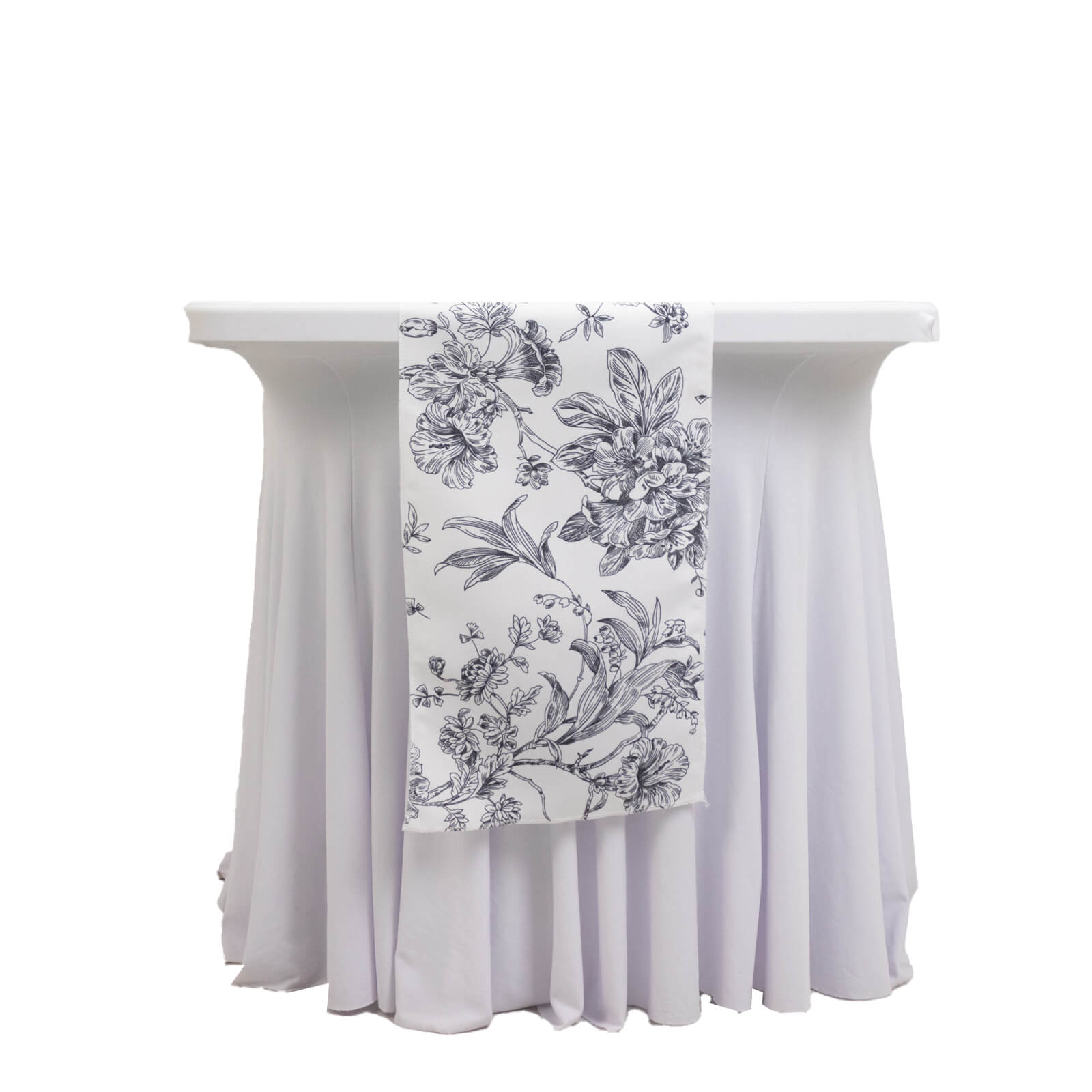 Polyester Table Runner 12"x108" White with Black French Toile Floral Print Reusable Table Décor