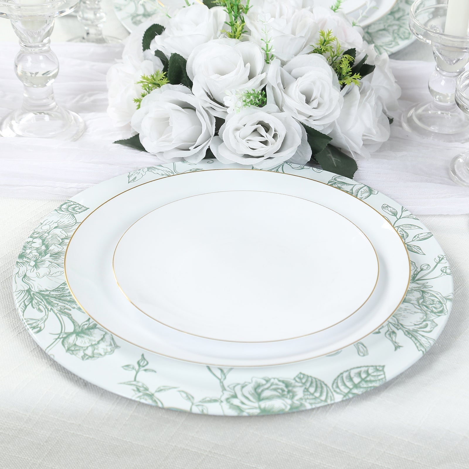 6 Pack Round Floral Acrylic Charger Plates in French Toile Pattern, 13" White Sage Green Dinner Charger Event Tabletop Decor