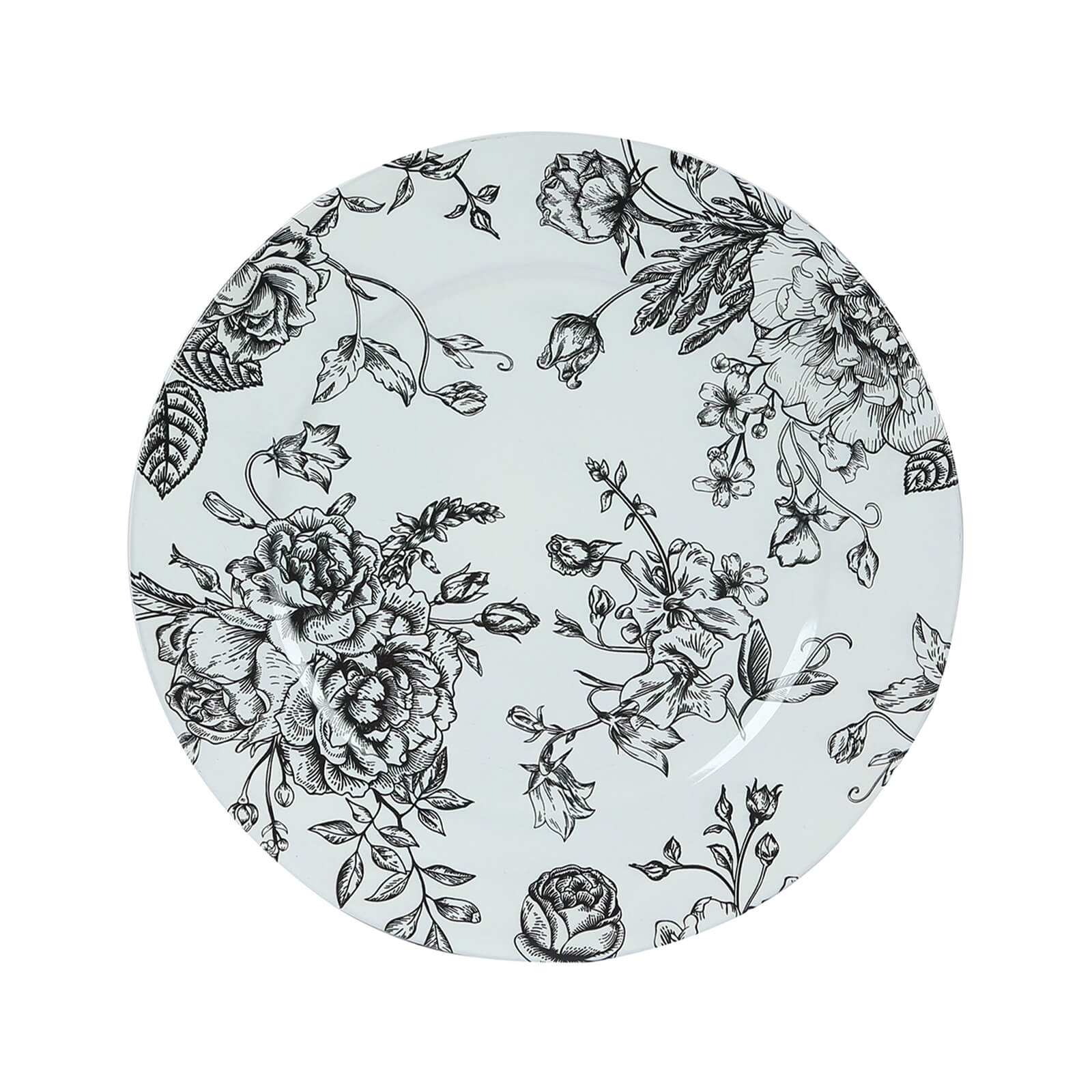 6-Pack Acrylic Round Charger Plates 13" in White with Black Floral French Toile Pattern, Decorative Dinner Party Charger Tableware
