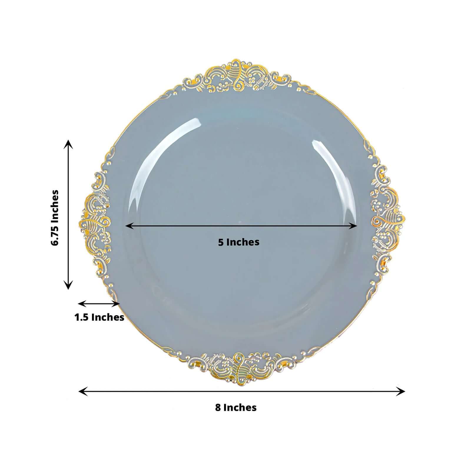 10-Pack Plastic 8" Round Dessert Plates in Dusty Blue with Gold Leaf Embossed Rim - Disposable Vintage Baroque Style Salad Plates
