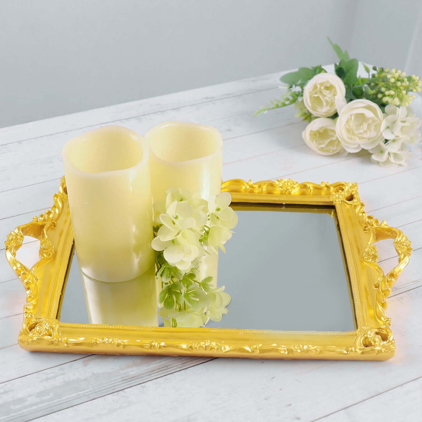 Resin Mirrored Rectangle Serving Tray 15"x10" in Metallic Gold with Baroque Design, Stylish Decorative Vanity Tray Centerpiece