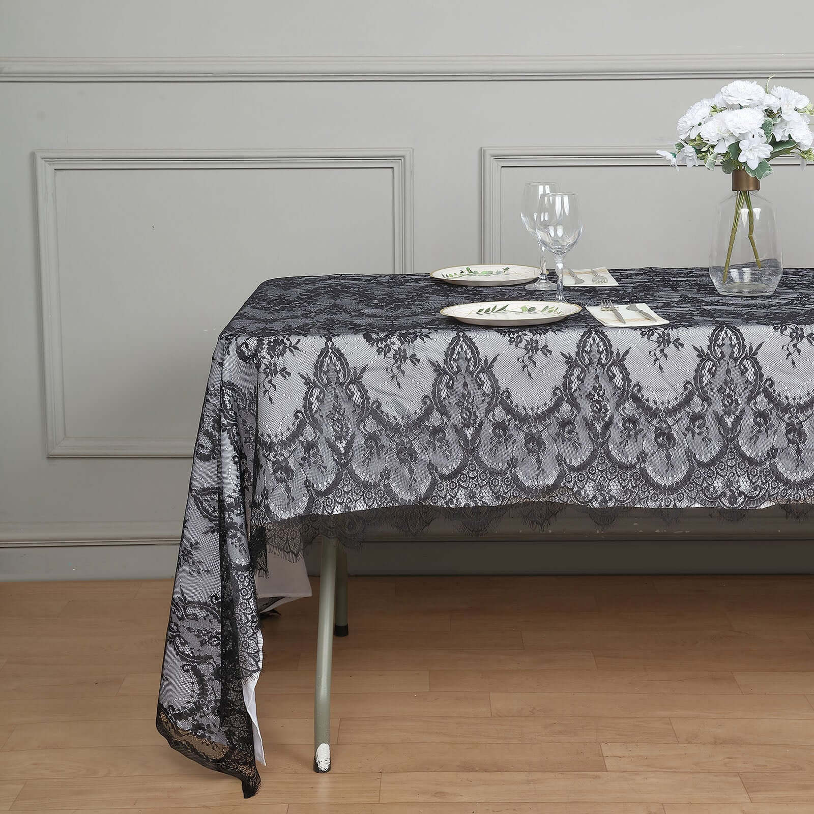 Lace 60"x120" Rectangle Tablecloth Black - Vintage Lace Design with Scalloped Frill Edges