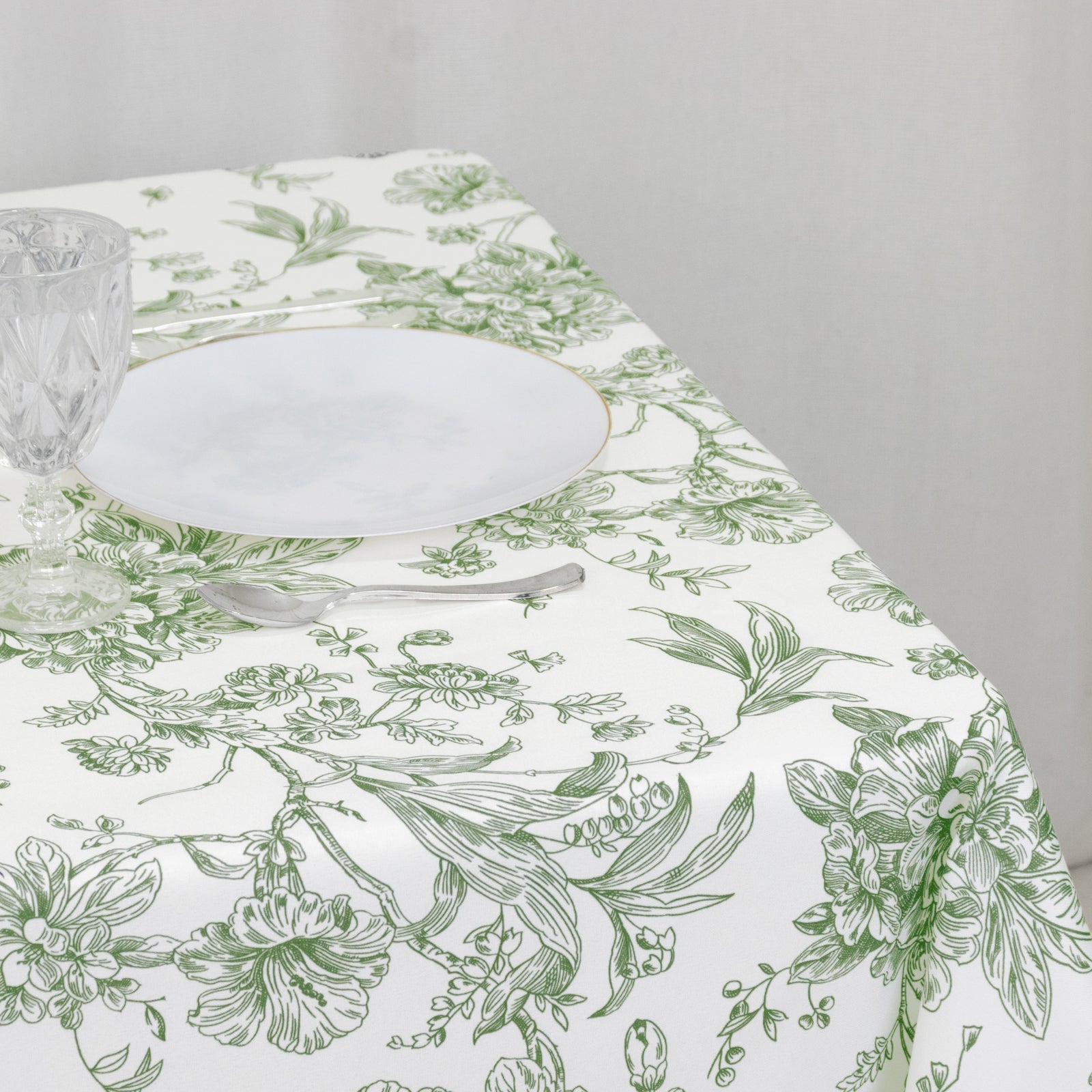 Polyester 70"x70" Square Tablecloth White - Dusty Sage Green French Toile Pattern for Elegant Occasions