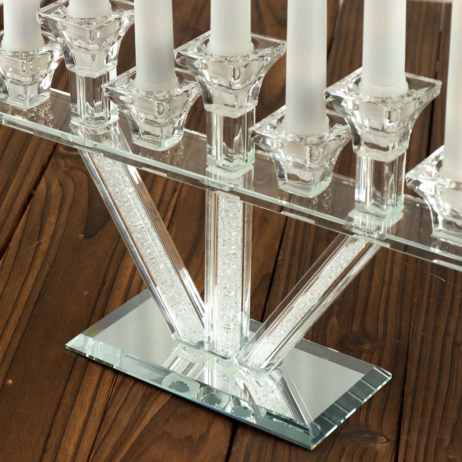 Crystal Glass Candelabra, 7-Branch Taper Candle Stick Holder Stand Table Centerpiece With Crystal Filler and Mirror Base 12"