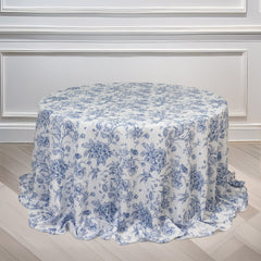 Polyester 132" Round Tablecloth White - Blue French Toile Pattern for Chic Weddings