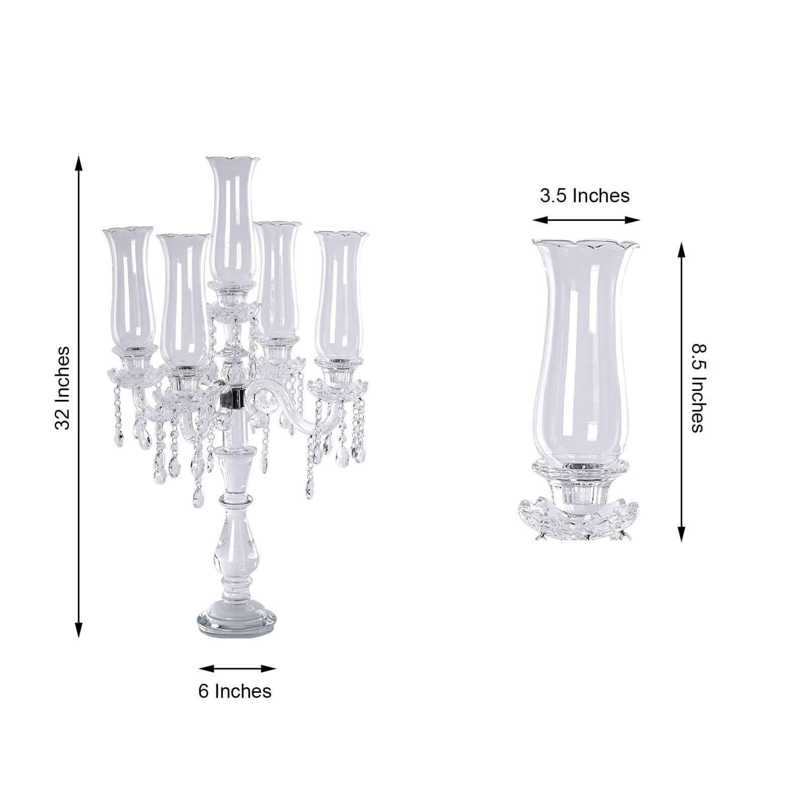 5 Arm Crystal Glass Taper Candle Holder Candelabra, Stylish Table Centerpiece With Chandelier Chains 32"